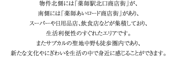 物件北側には「薬師駅北口商店街」が、南側には「薬師あいロード商店街」があり、スーパーや日用品店、飲食店などが集積しており、生活利便性のすぐれたエリアです。またサブカルの聖地中野も徒歩圏内であり、新たな文化やにぎわいを生活の中で身近に感じることができます。
