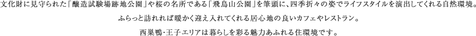 物件北側には「薬師駅北口商店街」が、南側には「薬師あいロード商店街」があり、スーパーや日用品店、飲食店などが集積しており、生活利便性のすぐれたエリアです。またサブカルの聖地中野も徒歩圏内であり、新たな文化やにぎわいを生活の中で身近に感じることができます。