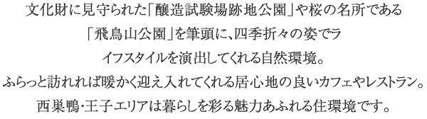 物件北側には「薬師駅北口商店街」が、南側には「薬師あいロード商店街」があり、スーパーや日用品店、飲食店などが集積しており、生活利便性のすぐれたエリアです。またサブカルの聖地中野も徒歩圏内であり、新たな文化やにぎわいを生活の中で身近に感じることができます。